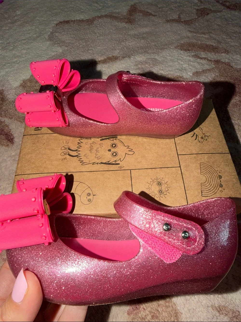 Mini Melissa Ultra Classic Bow Pink Glitter Mary Janes with Hot Pink Bow